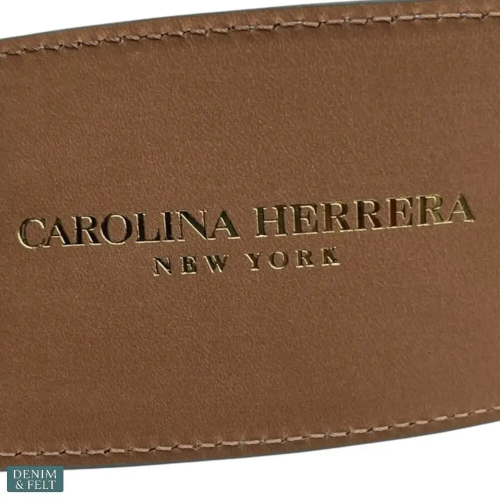 Carolina Herrera Floral Square-Buckle Icon Wide Belt Sky‎ Blue Leather L NEW